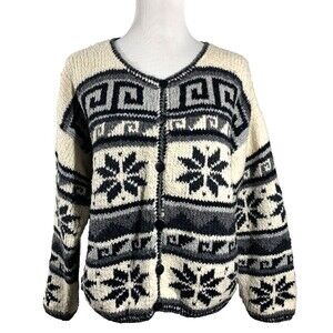 Peruvian Trading Co 100% Alpaca Cardigan Sweater Size L Chunky Knit Snowflake